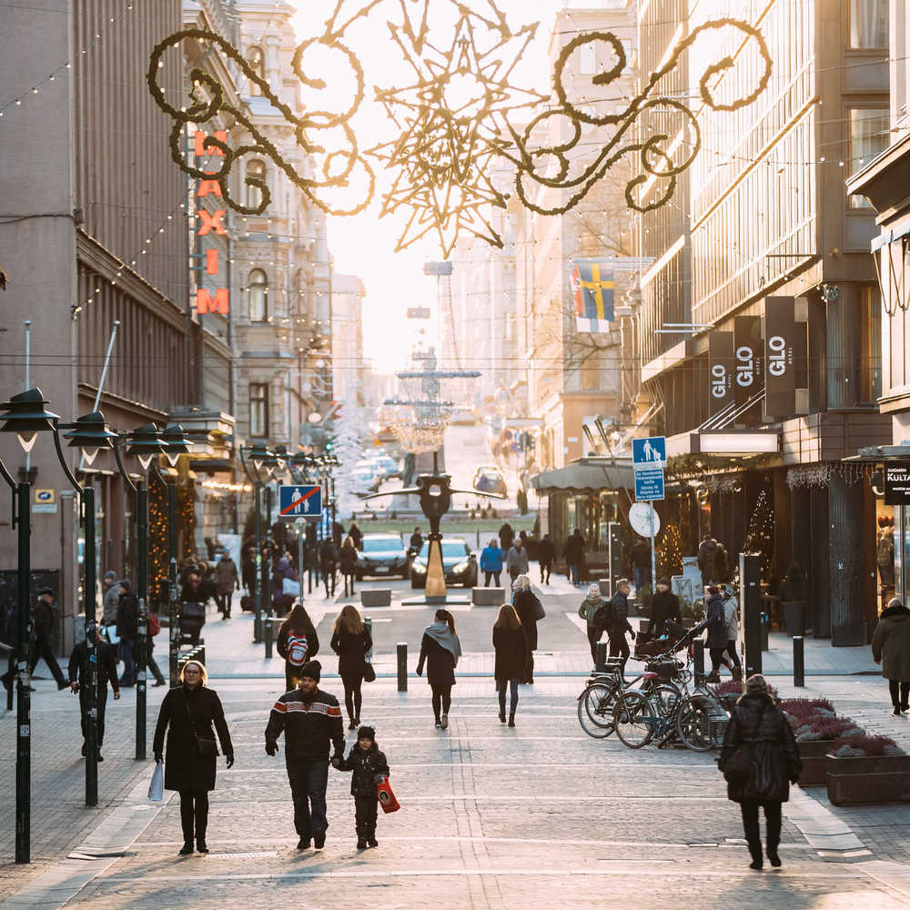 Holiday decorations up on a street in Helsinki, Finland