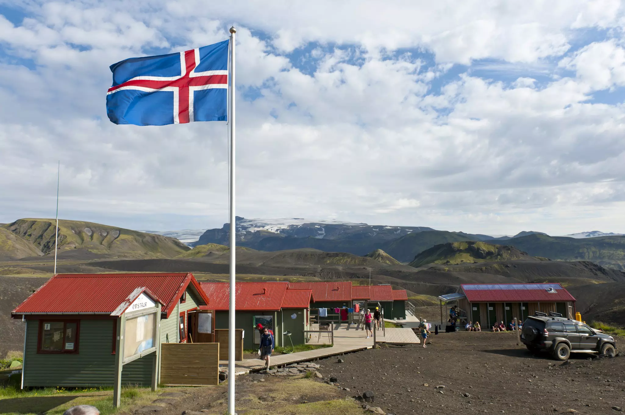 Botnar Hut at the Laugavegur hiking trail, Rangarping ytra, Iceland, Scandinavia