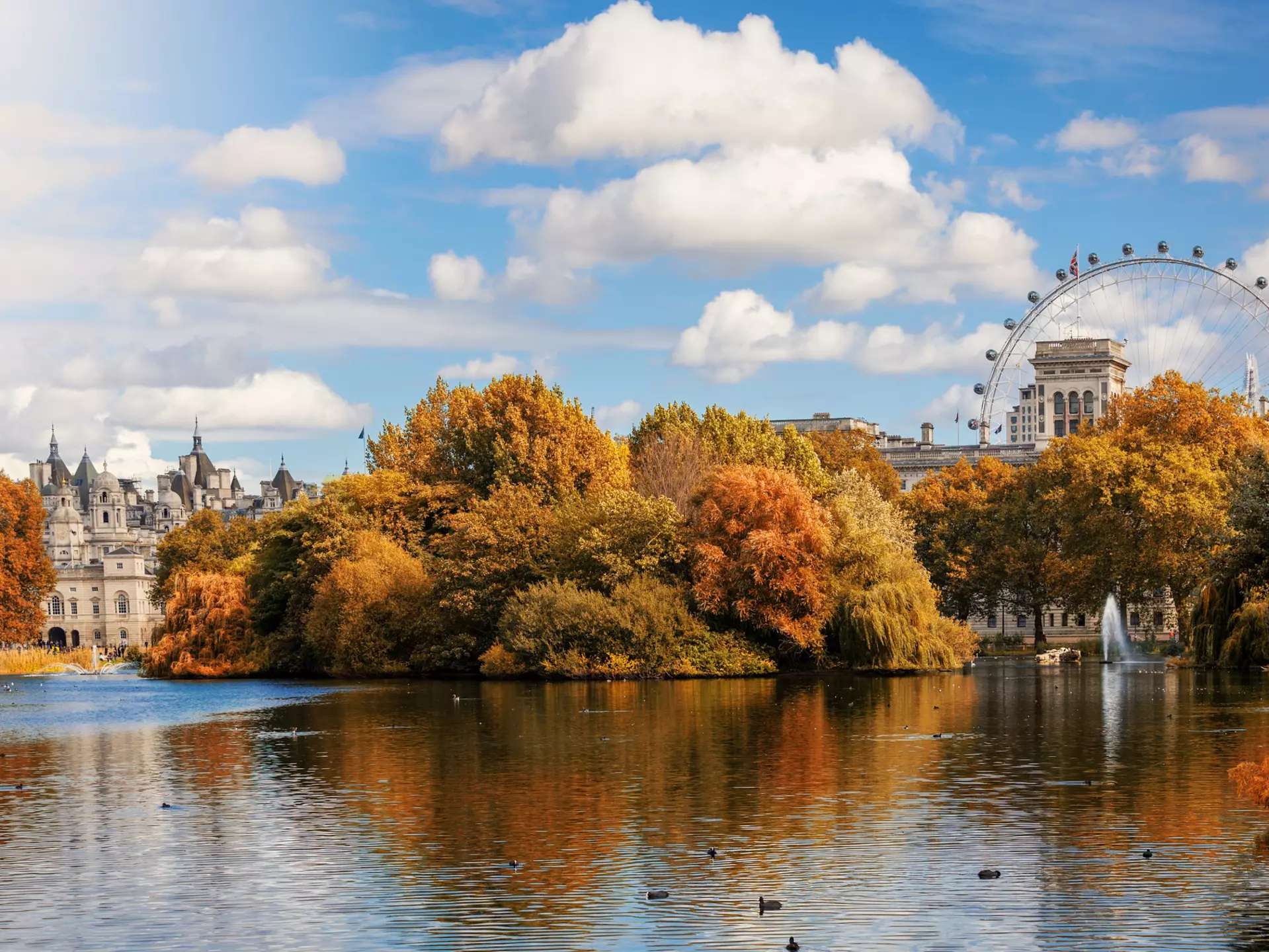 A large lake surrounded by trees with leaves that have turned golden brown in the fall. A Ferris wheel stands in the distance.