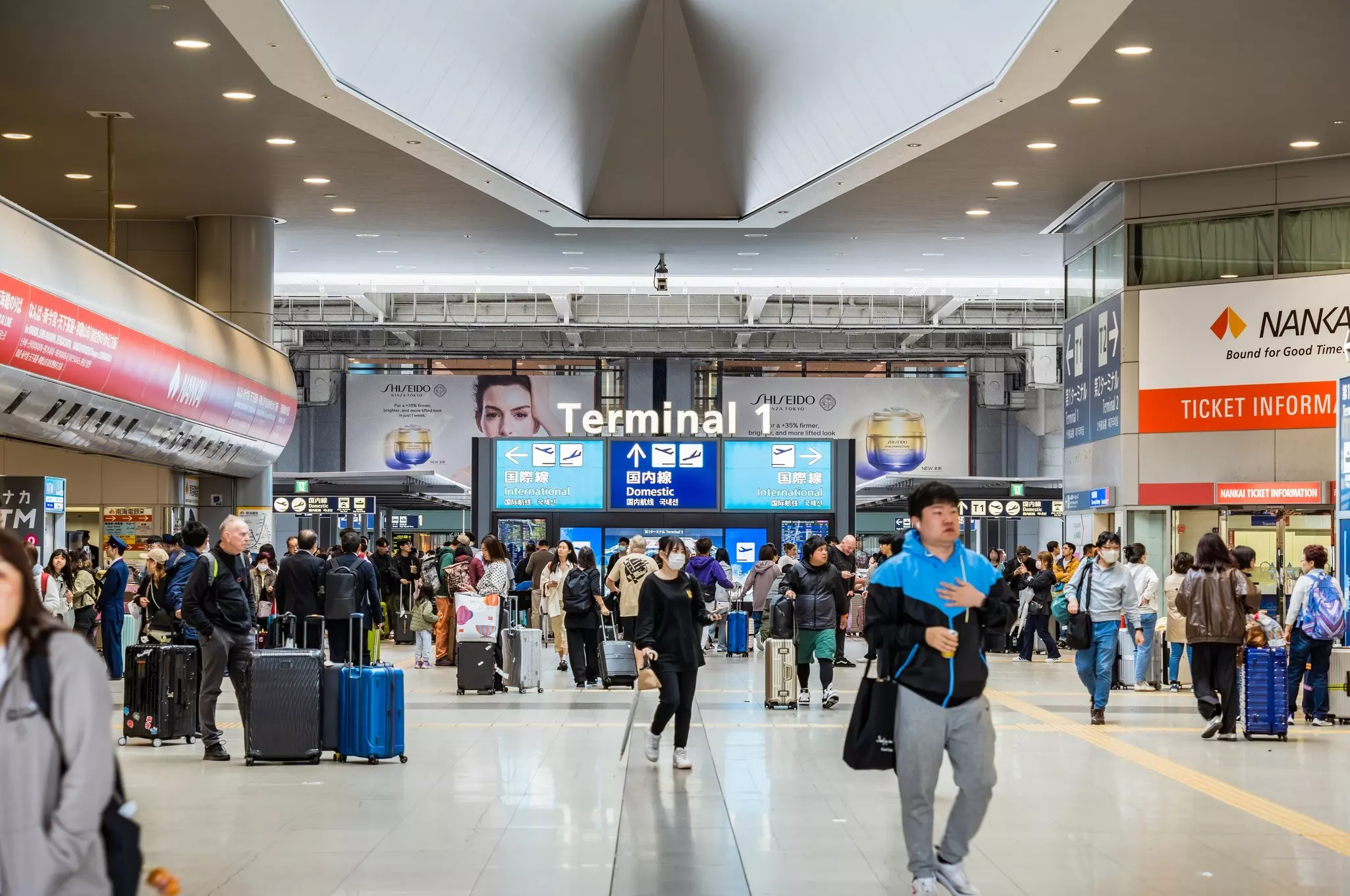 Passengers at terminal 1 of Kansai International Airport in Osaka, Japan. Domestic and international departures.