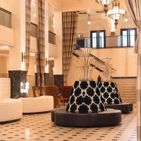 The hotel's art deco-style lobby.