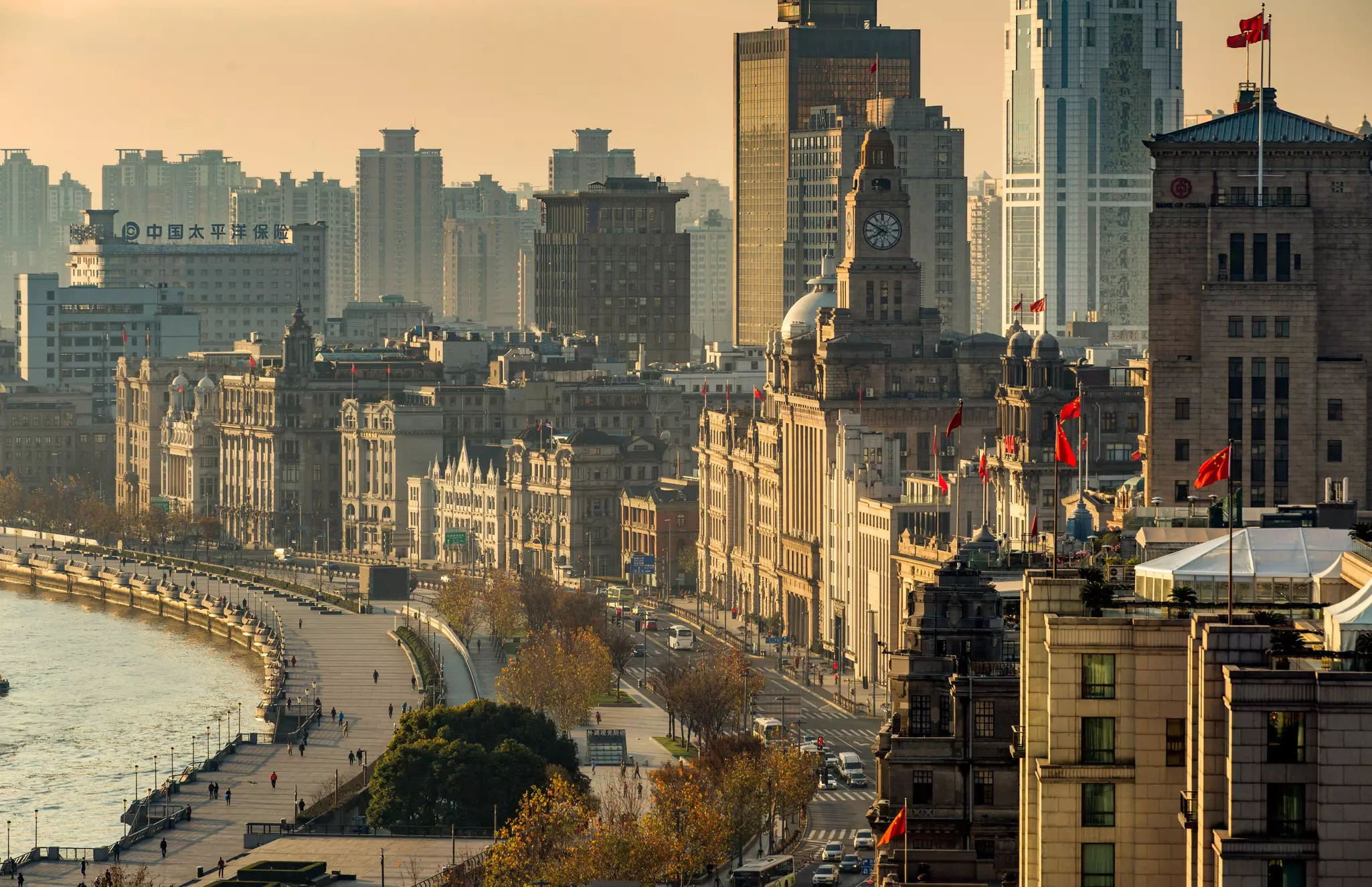Historic British-era buildings along the Bund in Shanghai, China.