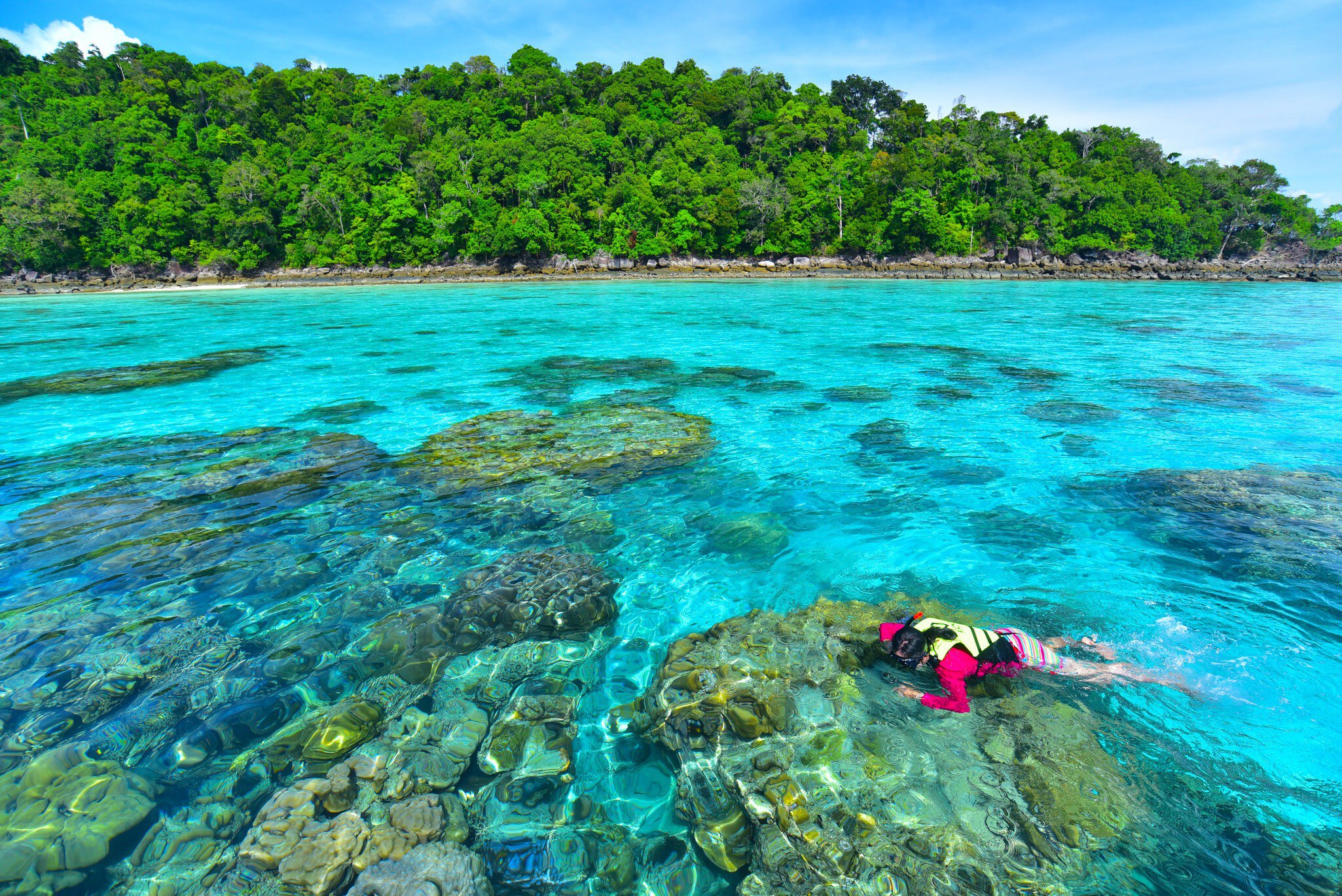 Phang Nga, Thailand - Dec 4, 2014: Tourists snorkeling in clear water at Surin island.