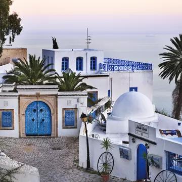 Relax in the white-and-blue cafes with stunning views in Sidi Bou Saïd. Yoshio Tomii / Getty Images
