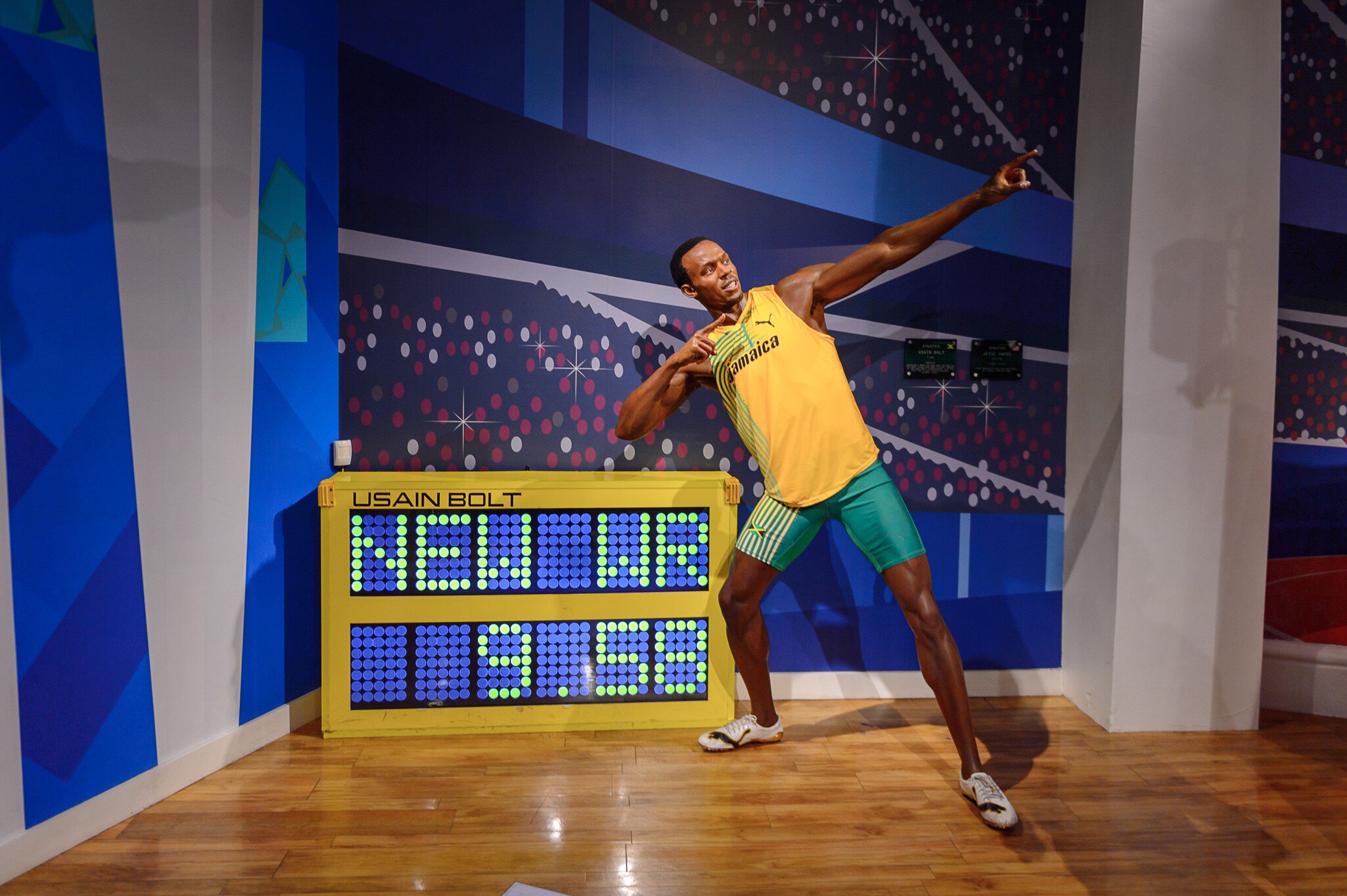 A wax figure of runner Usain Bolt at Madame Tussauds wax museum in London, England