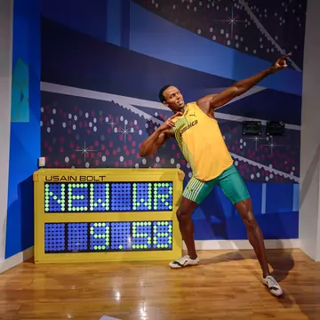 A wax figure of runner Usain Bolt at Madame Tussauds wax museum in London, England