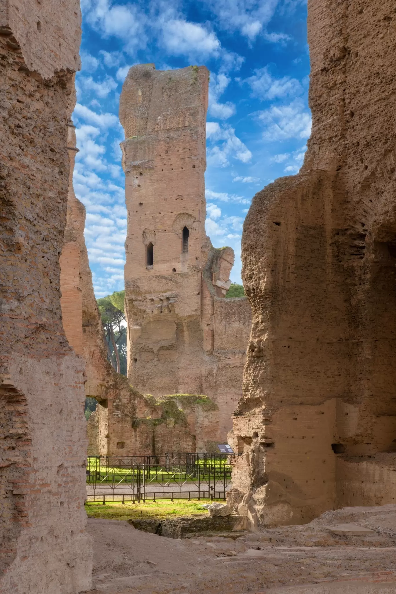View of the ruins of the Terme di Caracalla in Rome, Italy.