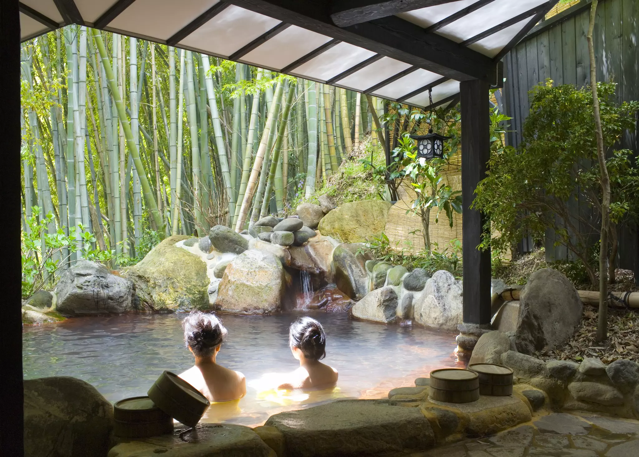 Women bathing in an outdoor pool in Japan, with bamboo in the background. 