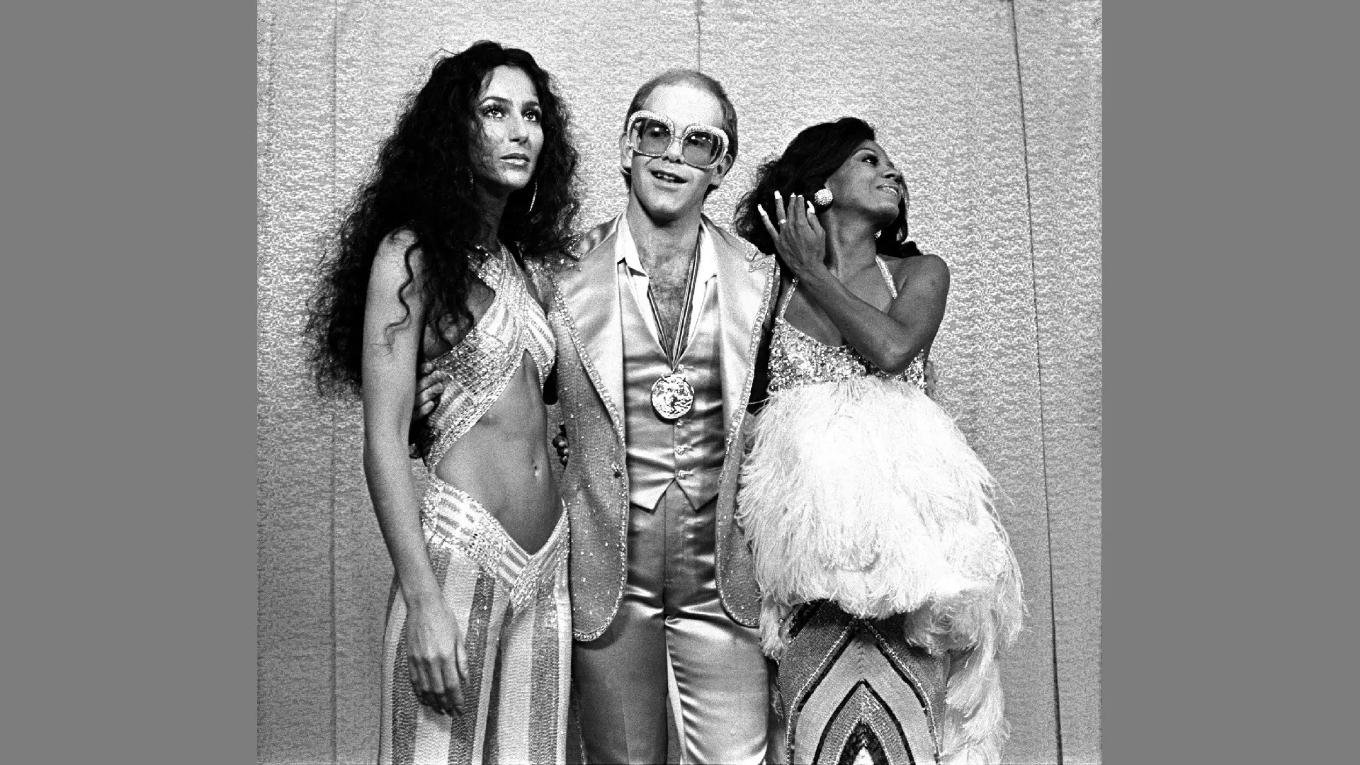 Cher, Elton John and Diana Ross at the 1975 Rock Awards, Santa Monica Civic Auditorium