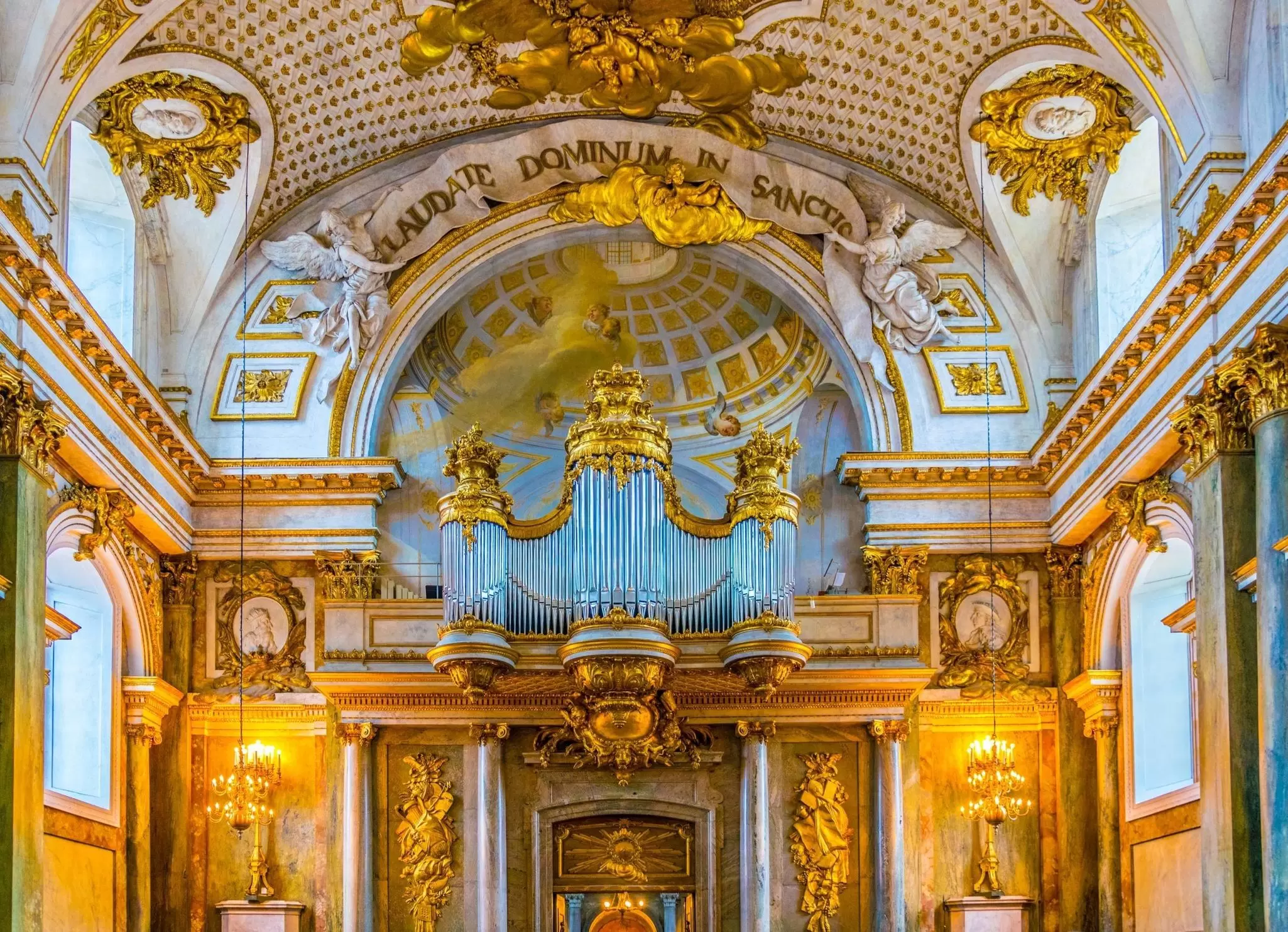 The ornate gilded interior of Slottskyrkan - the royal chapel in Stockholm, Sweden