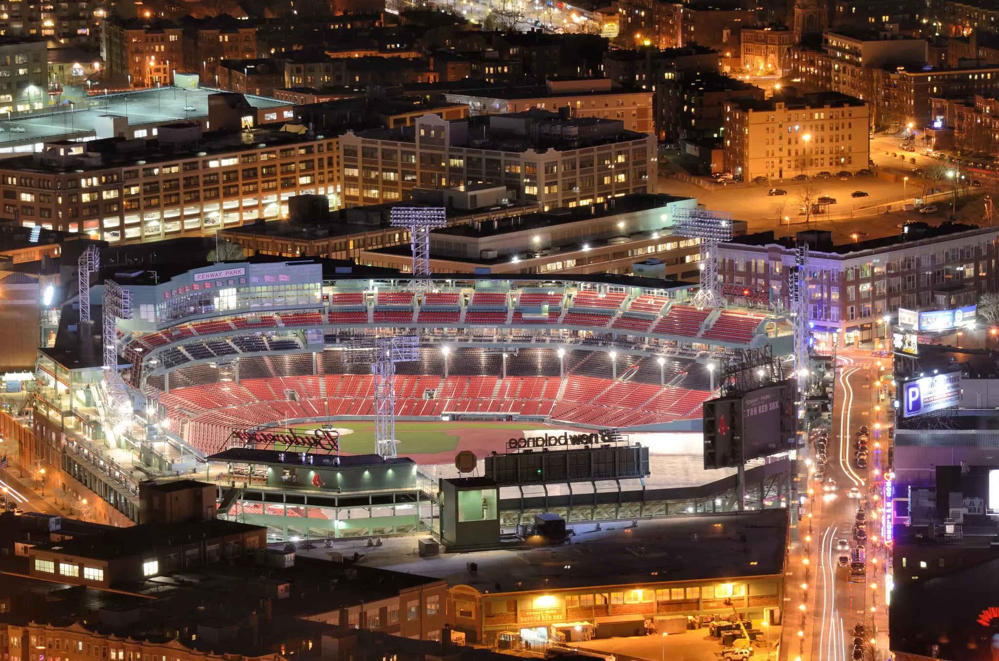Aerial shot of a stadium lit up at night