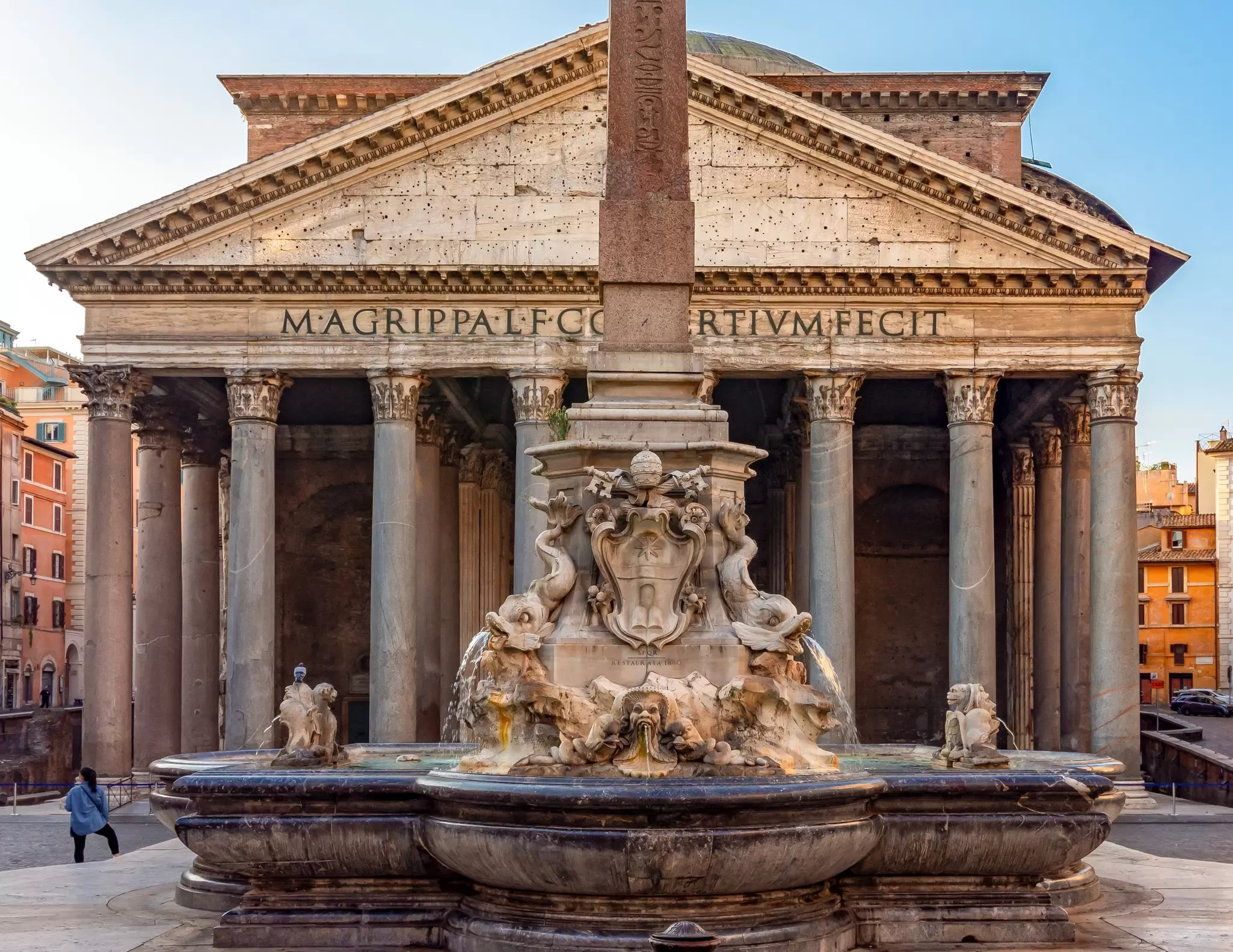 The Fontana del Pantheon in front of the Pantheon building in Rome, Italy.