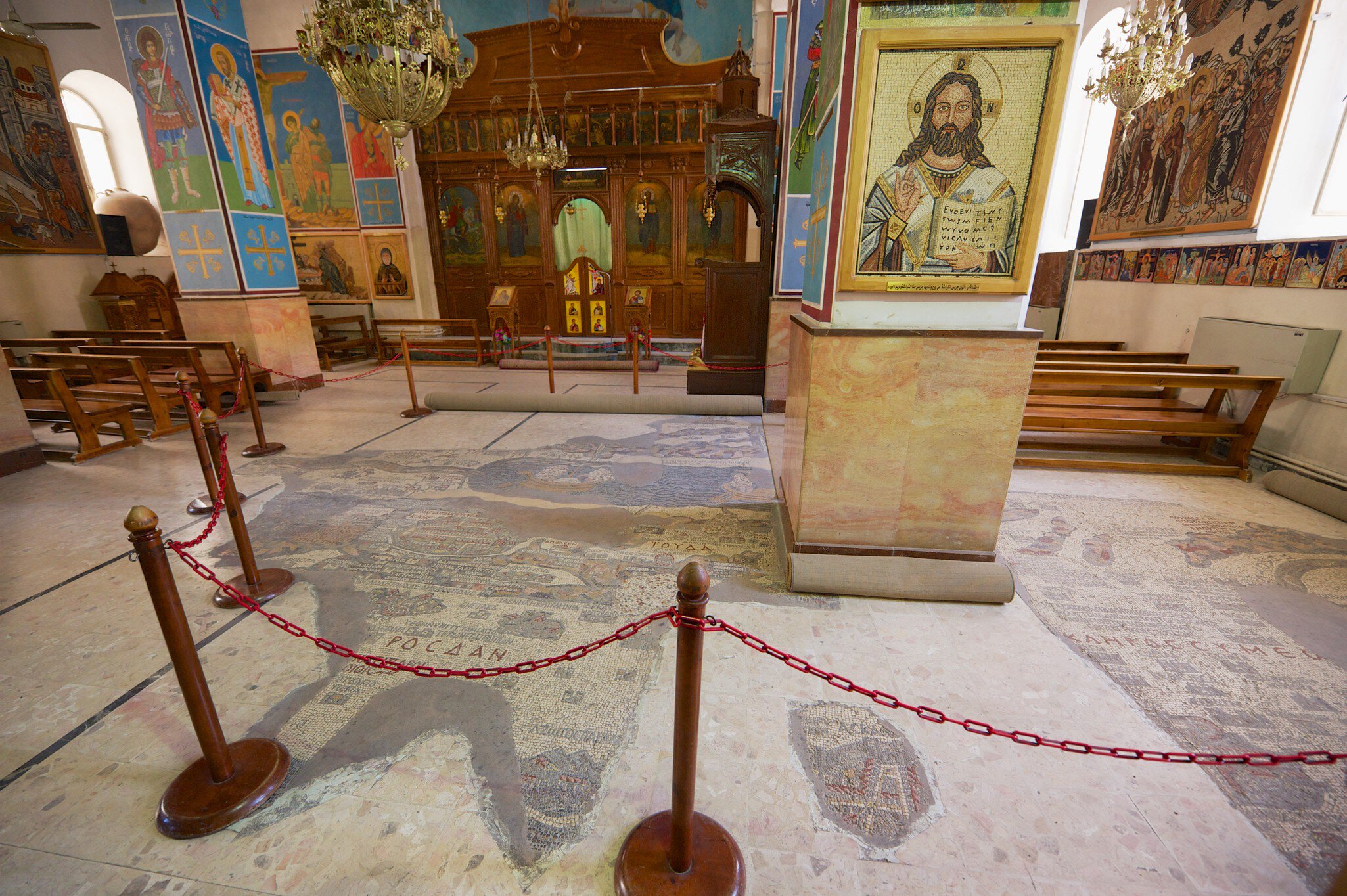 Madaba, Jordan - August 18, 2012: Interior of Greek Orthodox Basilica of St George with the mosaic map of Holy Land in Madaba, Jordan.; Shutterstock ID 1472688197;