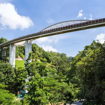 Singapore's highest pedestrian bridge, Henderson Waves, over lush greenery on a partly cloudy day
