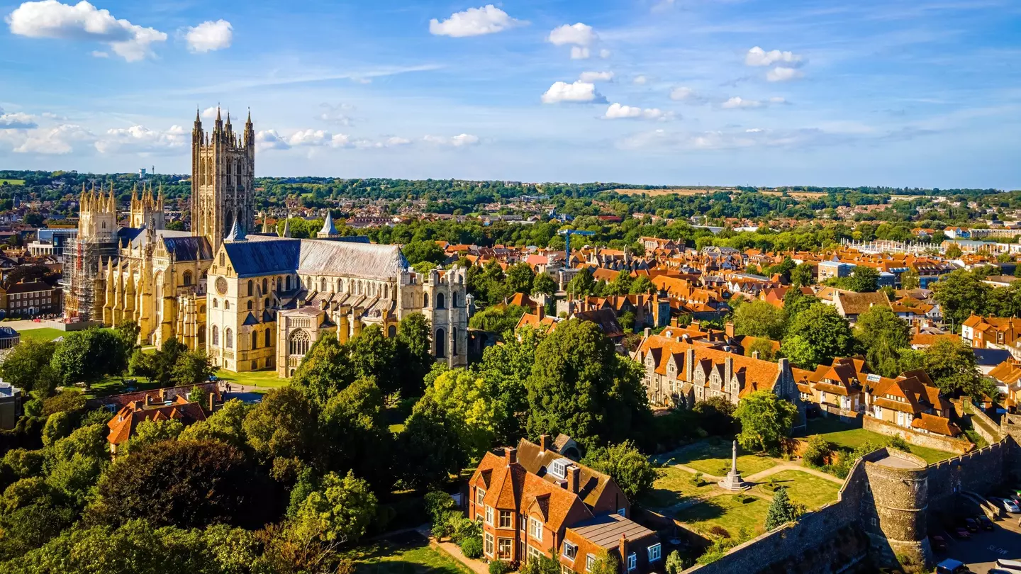 Aerial view of a tree-filled historic town with stone cathedral to the left and red-roofed buildings in the foreground and continuing into the distance on a sunny day.