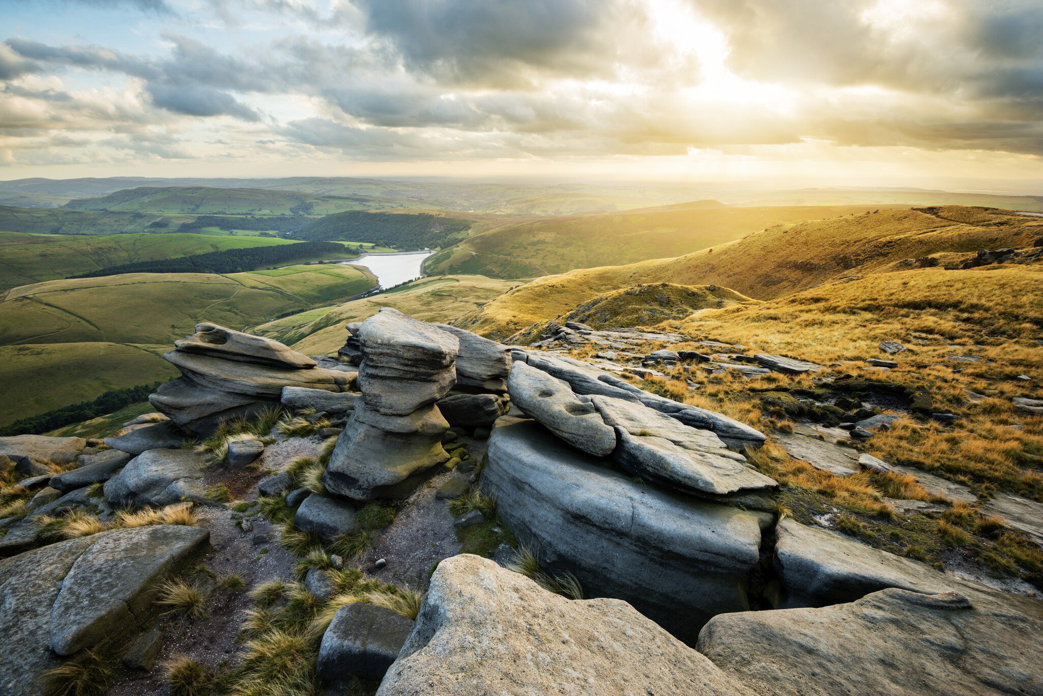 Overview of Kinder Reservoir at sunset from Kinder Scout.
