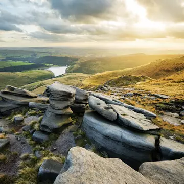 Overview of Kinder Reservoir at sunset from Kinder Scout.