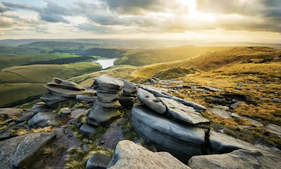Overview of Kinder Reservoir at sunset from Kinder Scout.