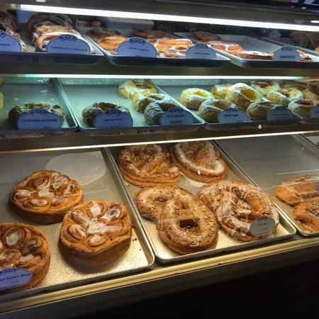 A display cabinet with Danish pastries in Solvang.