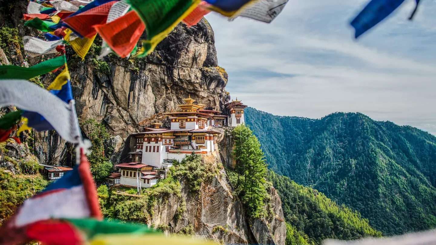 Tiger's nest Temple ,Taktsang Monastery with prayer flags view.