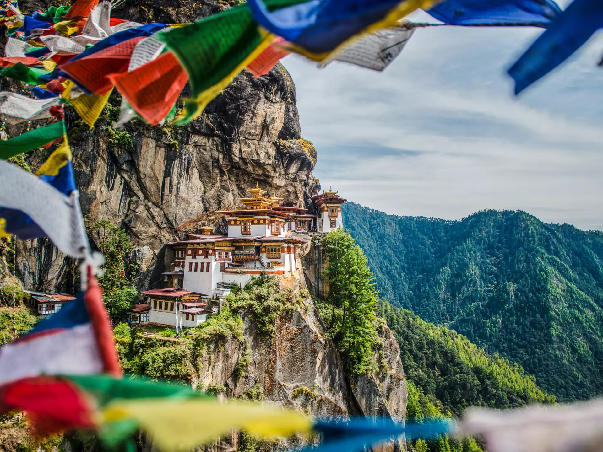Tiger's nest Temple ,Taktsang Monastery with prayer flags view.