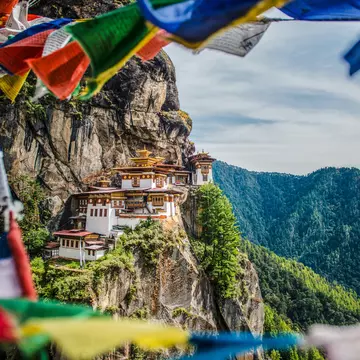 Tiger's nest Temple ,Taktsang Monastery with prayer flags view.