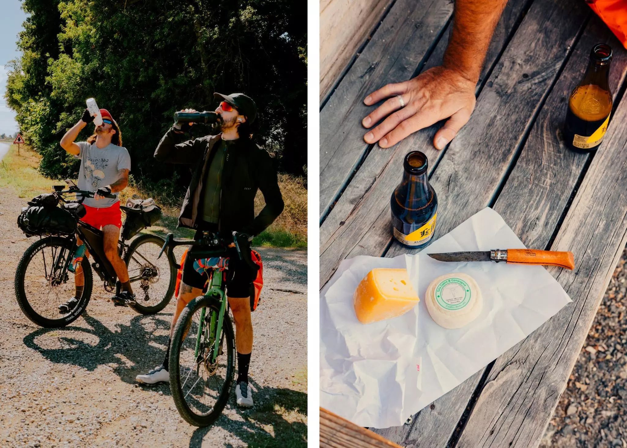 Left, two cyclists stand over bikes drinking water on the side of the road; right, a bench with unwrapped cheese, a knife and open bottles of beers.