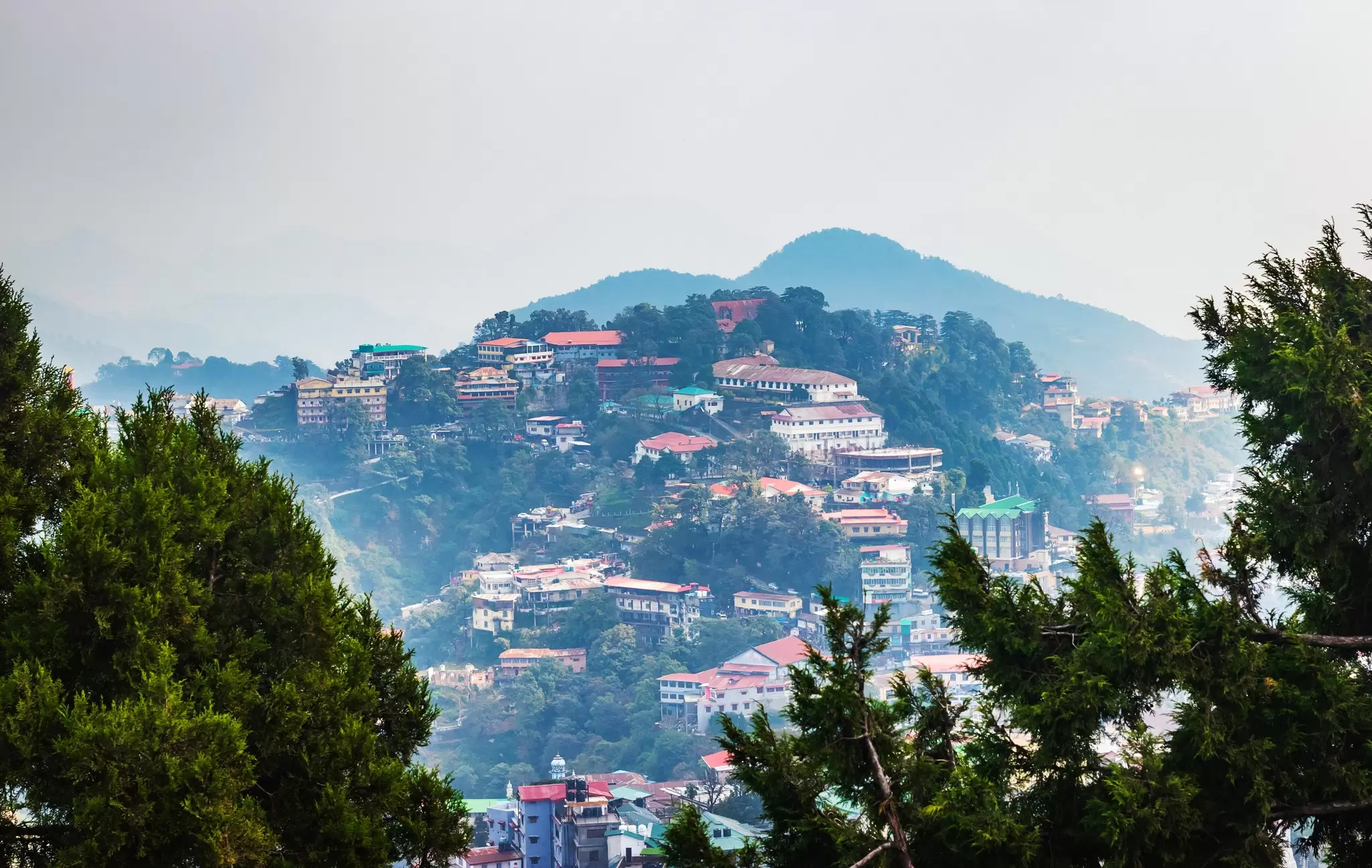 A town on a green hillside.