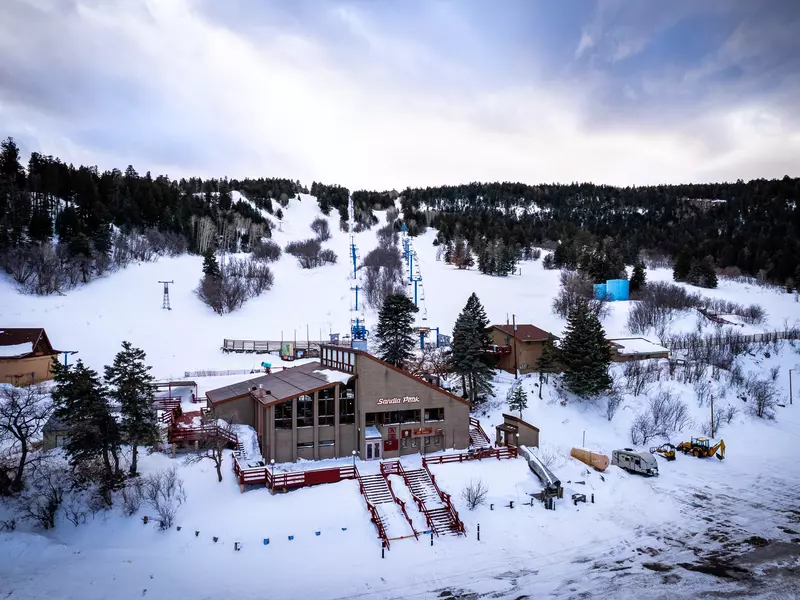 An aerial overview of the base of Sandia Ski Resort in New Mexico