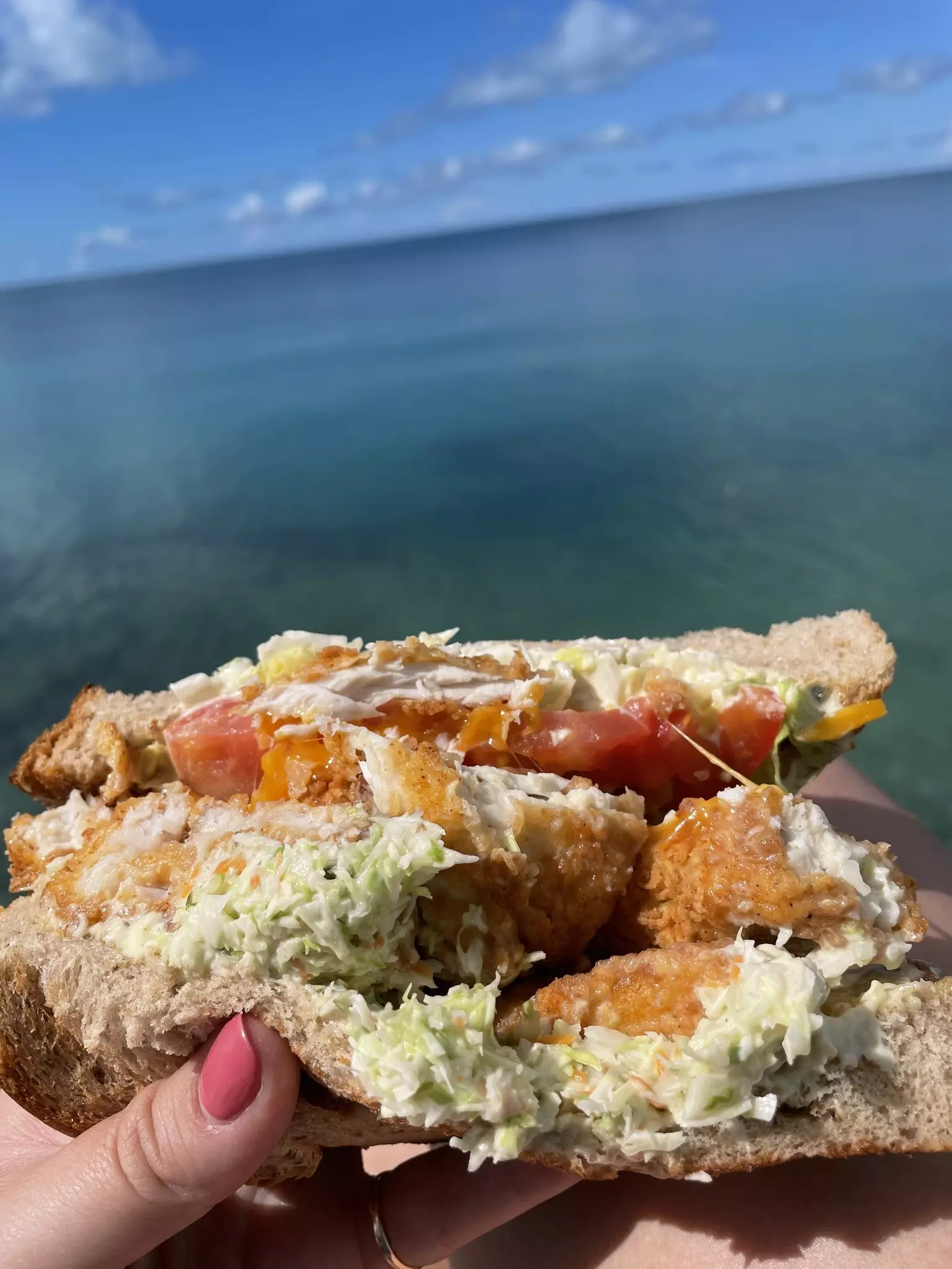 A hand holds a sandwich layered with coleslaw, tomato and fried fish pieces