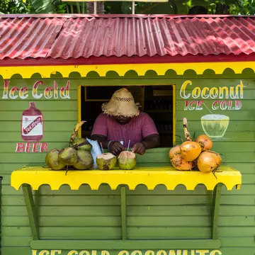 A man wearing a straw hat appears at a window in a green stand advertising beer and coconut drinks; there are coconuts on a yellow shelf in front of the window.
