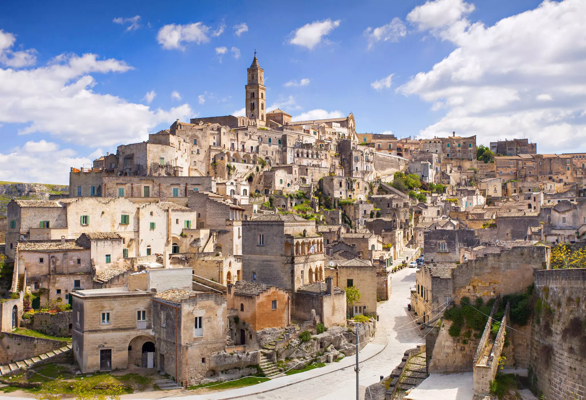 Historic buildings line the streets of Matera, Basilicata, Italy.
