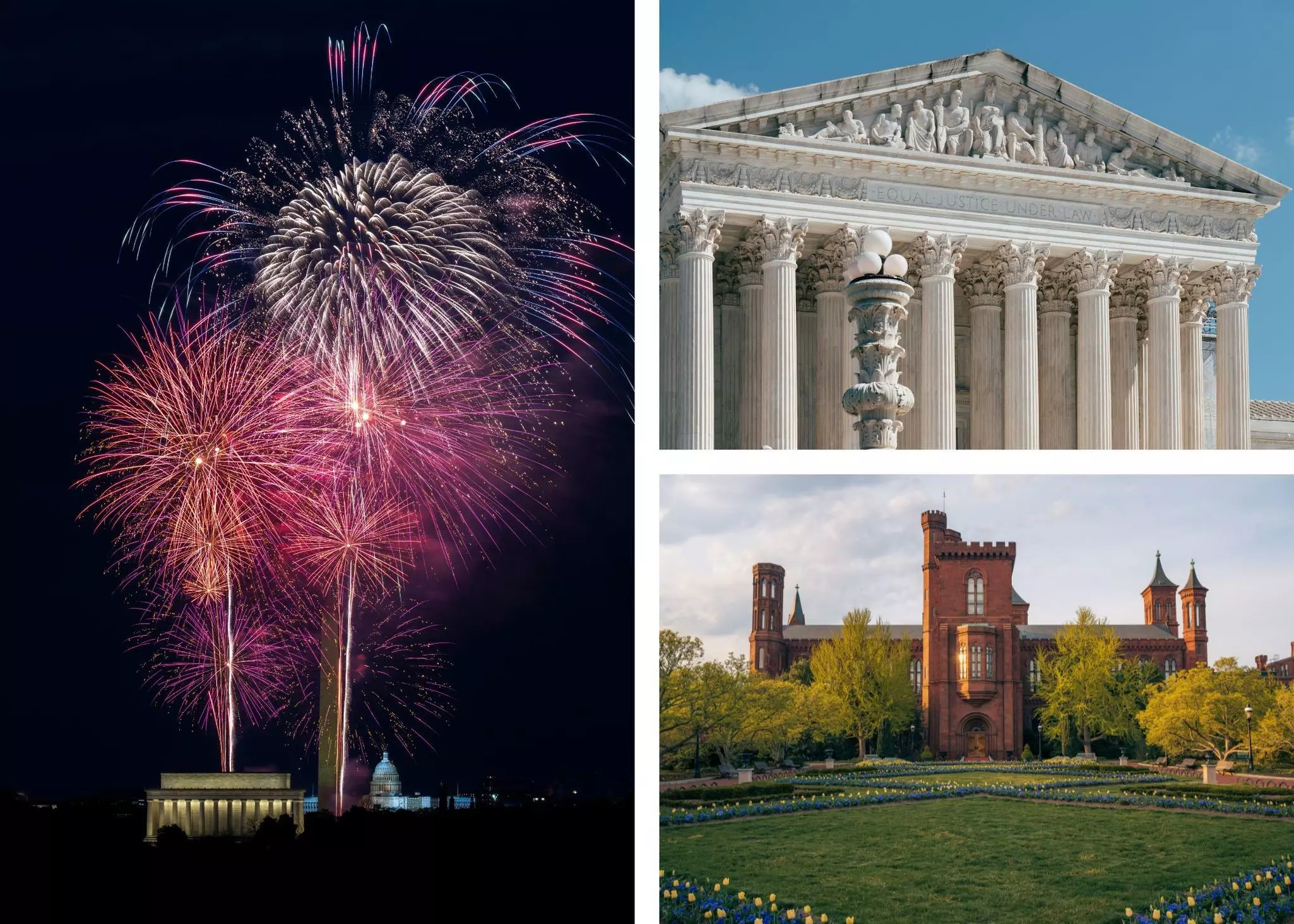 Best July 4 celebrations: Washington DC - 1
Collage for best July 4/America 250 celebrations in the US

Left: Fourth of July fireworks in Washington, DC. DavidDRobbinsJr/Shutterstock. Top right: The US Supreme Court Building. Cavan-Images/Shutterstock. Bottom right: The Smithsonian Castle on the National Mall. Ayman Haykal/Shutterstock