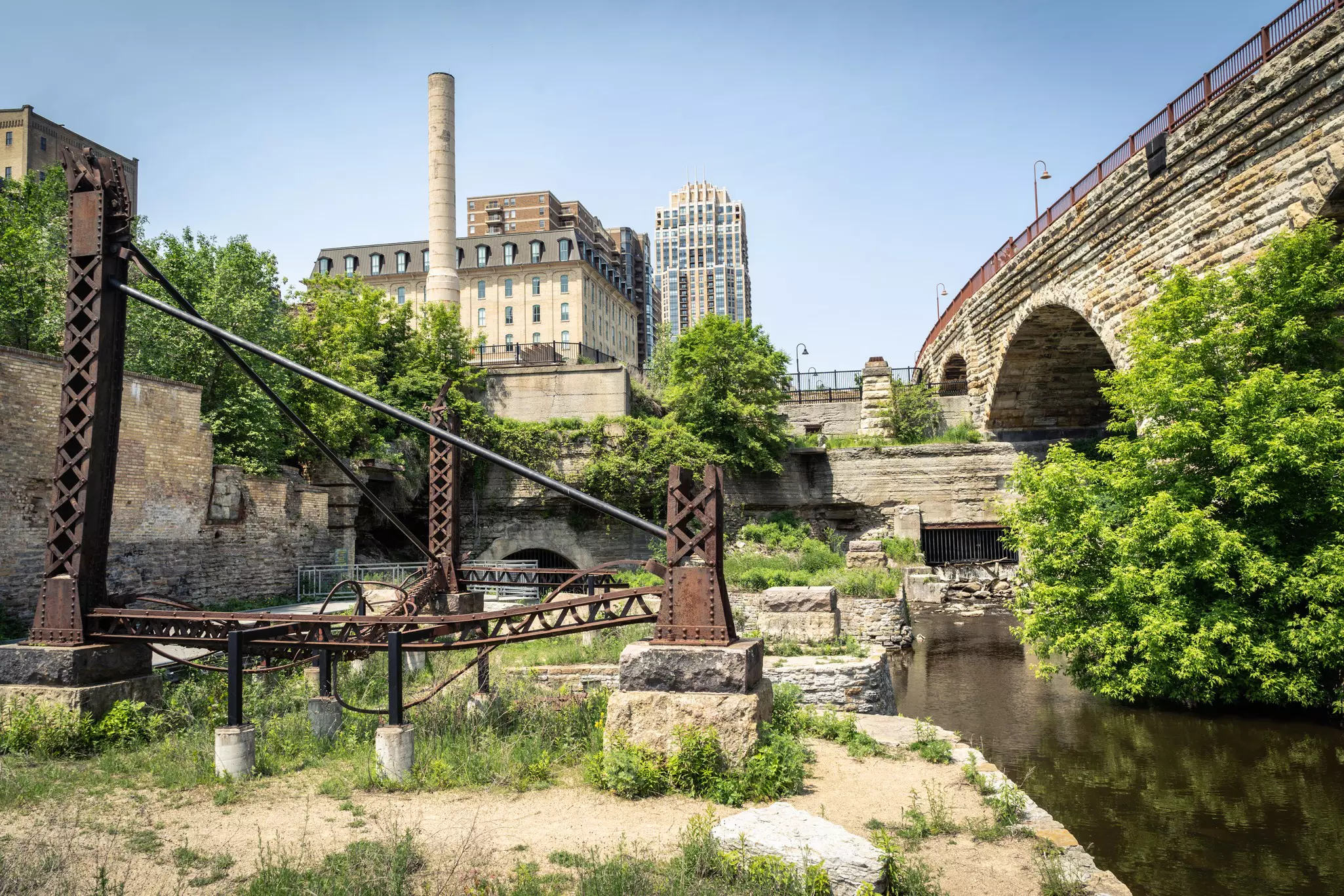 Abandoned ruins of an old flour mill in Mill Ruins Park in Downtown Minneapolis Minnesota