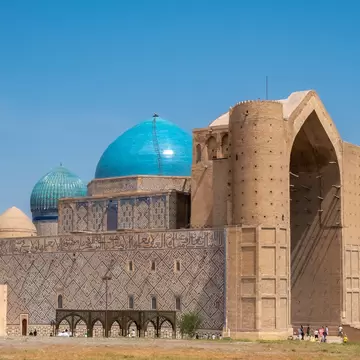 The Mausoleum of Khoja Ahmed Yasawi in the city of Turkestan. UNESCO World Heritage Site. Religion site. Travel, tourism concept. Silk road. 07.05.2021 Turkestan, Kazakhstan.