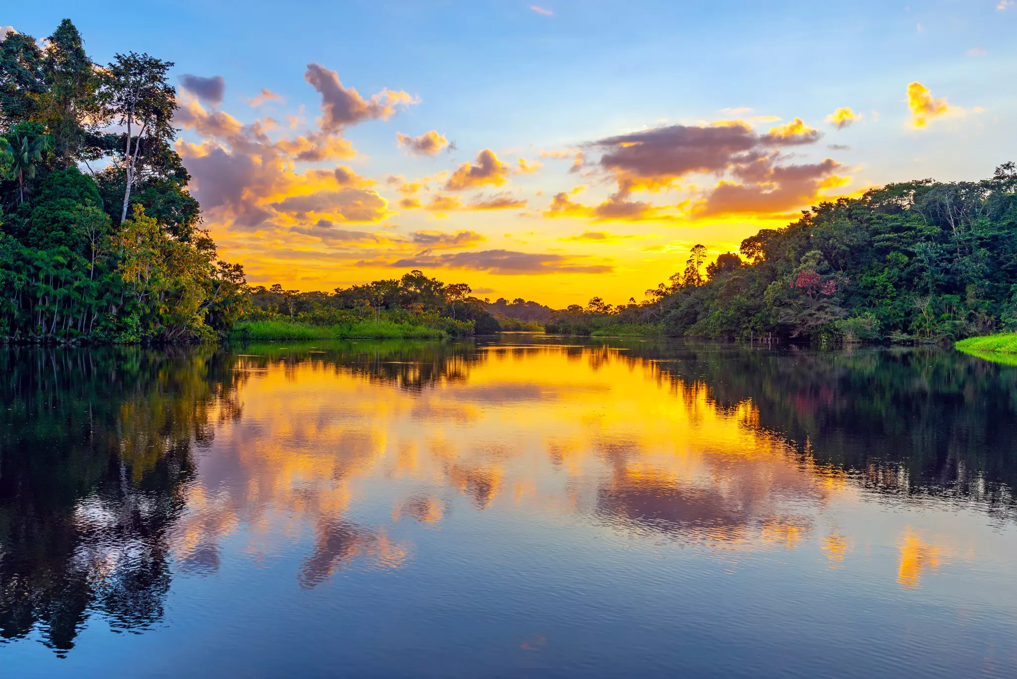 Sunset over a wide river surrounded by jungle with orange clouds in the sky