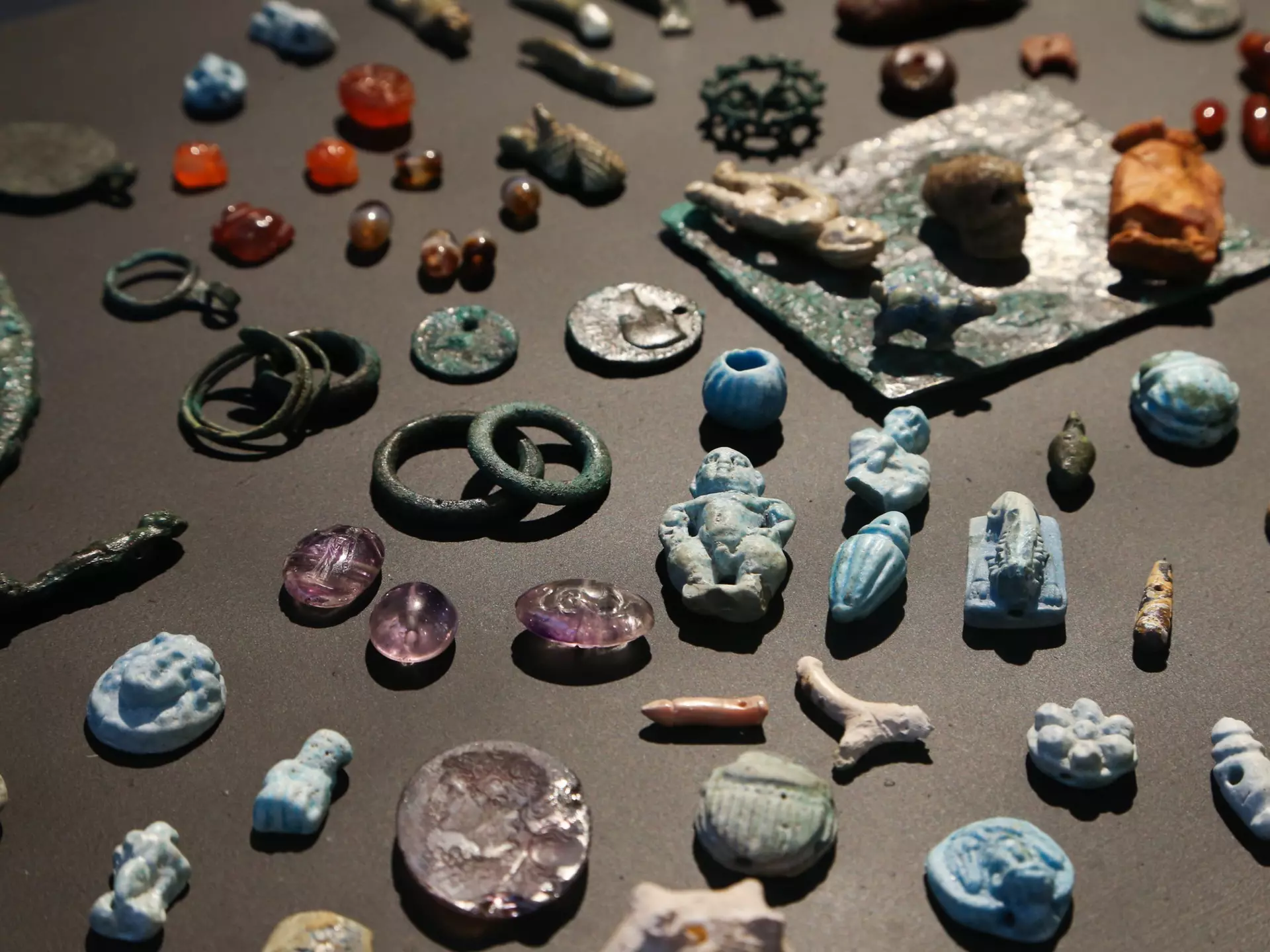 POMPEII, CAMPANIA, ITALY - 2021/01/25: Jewelry in stone and bronze are displayed in the Antiquarium, a new museum venue in the Pompeii archaeological site with a permanent display of finds many of which were found during the last excavation campaign. The Roman town was buried by the terrible eruption of Vesuvius in 79 AD. (Photo by Carlo Hermann/KONTROLAB/LightRocket via Getty Images)
1230813074
pompei, archaeolology, archaeological, roman culture, antiquarium, exposition, excavation, find, roman empire, pompeii eruption, vesuvius eruption, 79 ac