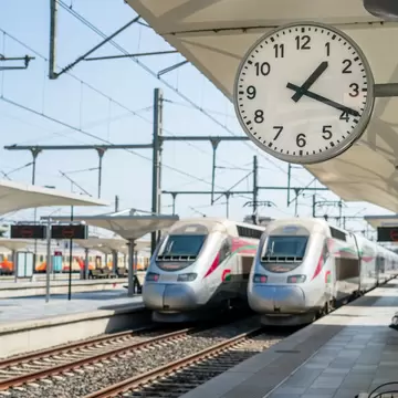 Two silver trains are side by side at an outdoor train station during the daytime. A clock shows 1:20.