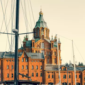 View of Uspenski Cathedral in Helsinki, Finland, at sunrise.