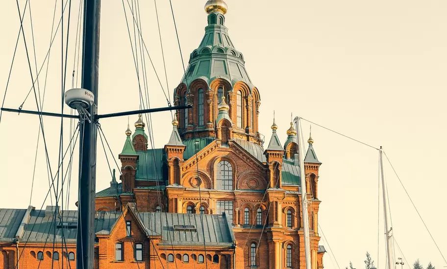 View of Uspenski Cathedral in Helsinki, Finland, at sunrise.
