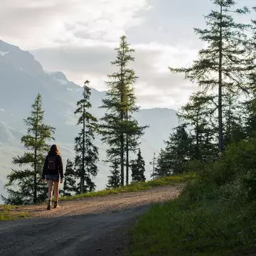 Young Adult Woman Hiking on Mountain Trail at Sunrise with Alps in Background, Col du Mont Cenis, Val Cenis Vanoise, France