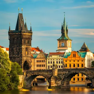 The sunset and skyline over the Charles Bridge, Prague. 