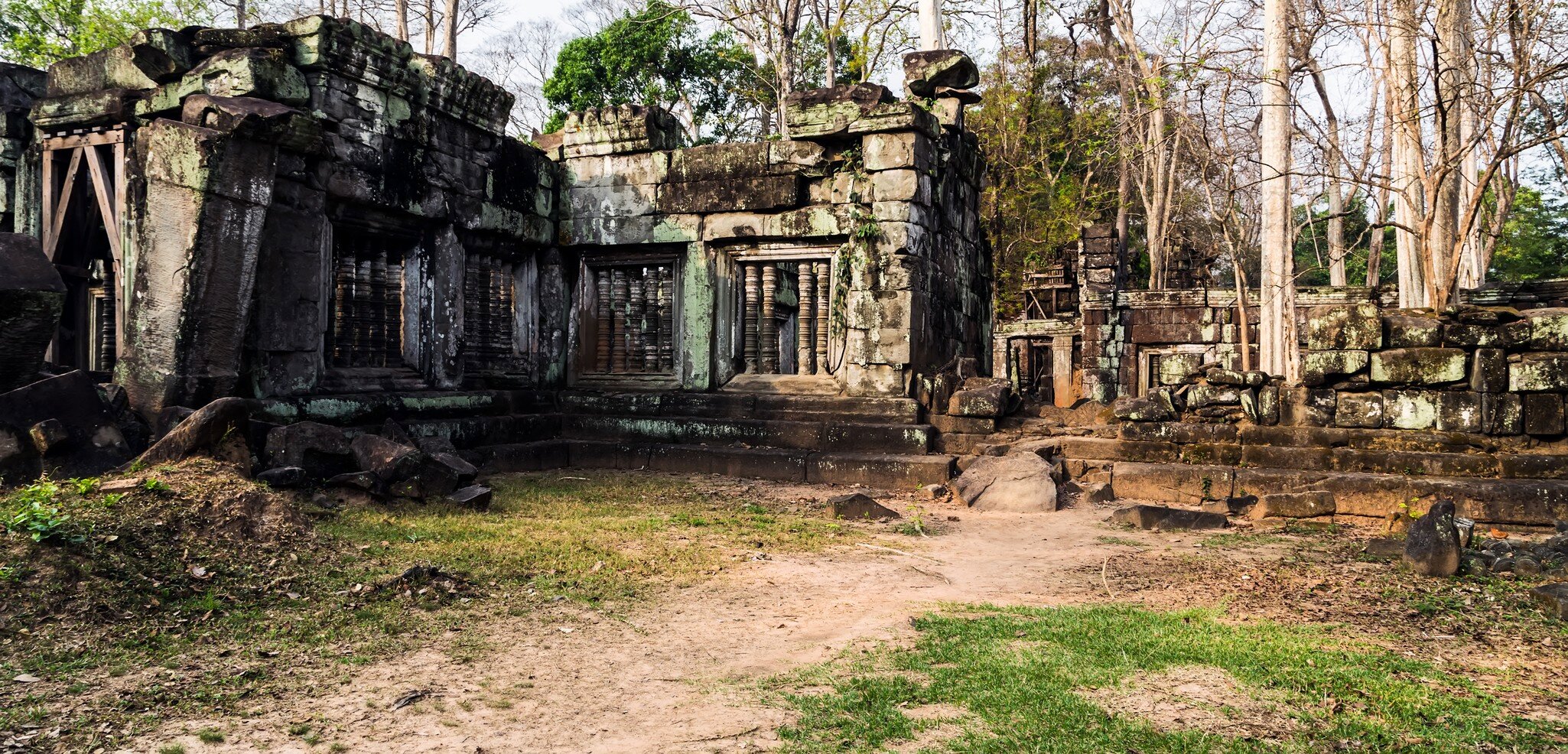 Moss on the stone brick sandstone laterite blocks Prasat Krahom Archaeological Landscape of Koh Ker at the Angkor Wat site in Northwest Cambodia