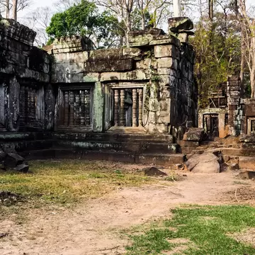Moss on the stone brick sandstone laterite blocks Prasat Krahom Archaeological Landscape of Koh Ker at the Angkor Wat site in Northwest Cambodia