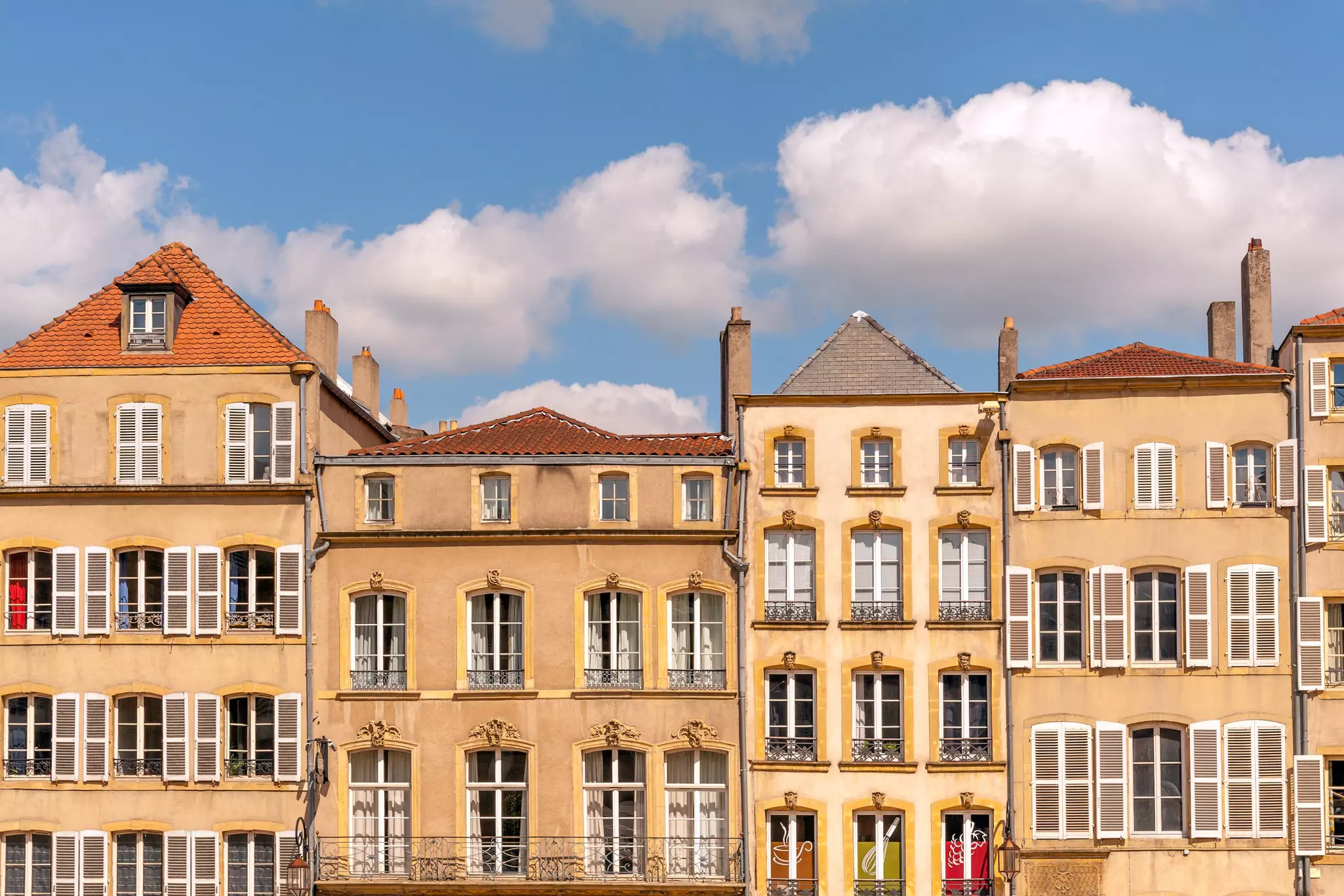 Typical French townhouses on Place de Chambre square in Metz, Lorraine, France.