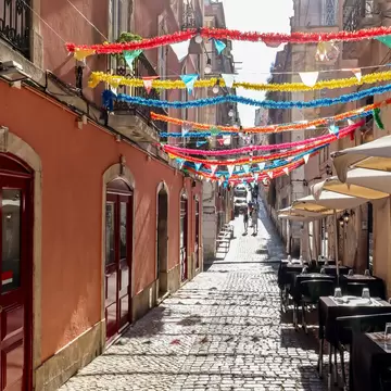 The colourful Gloria Funicular (Ascensor da Gloria) with Azulejos tiles, which connects the Pombaline downtown with the Bairro Alto.