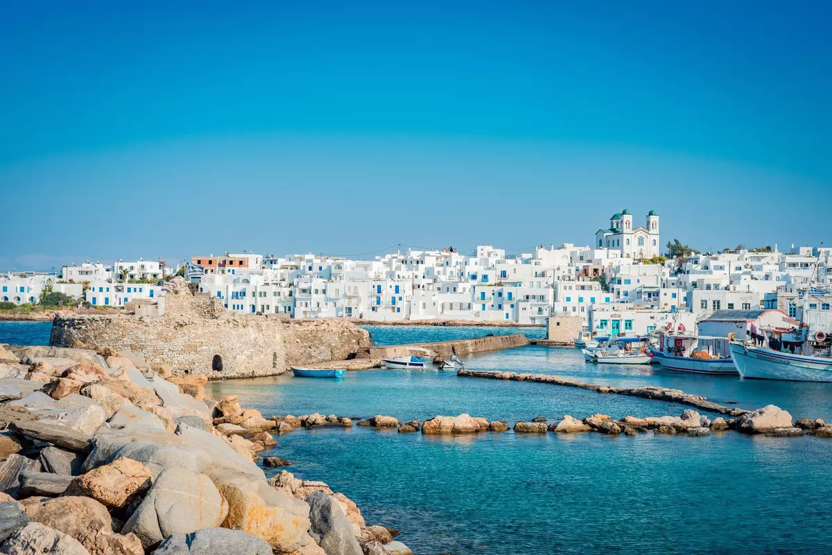 Naousa, in the northeastern corner of the island of Paros, in Cyclades Archipelago, Aegean Sea, Greece.