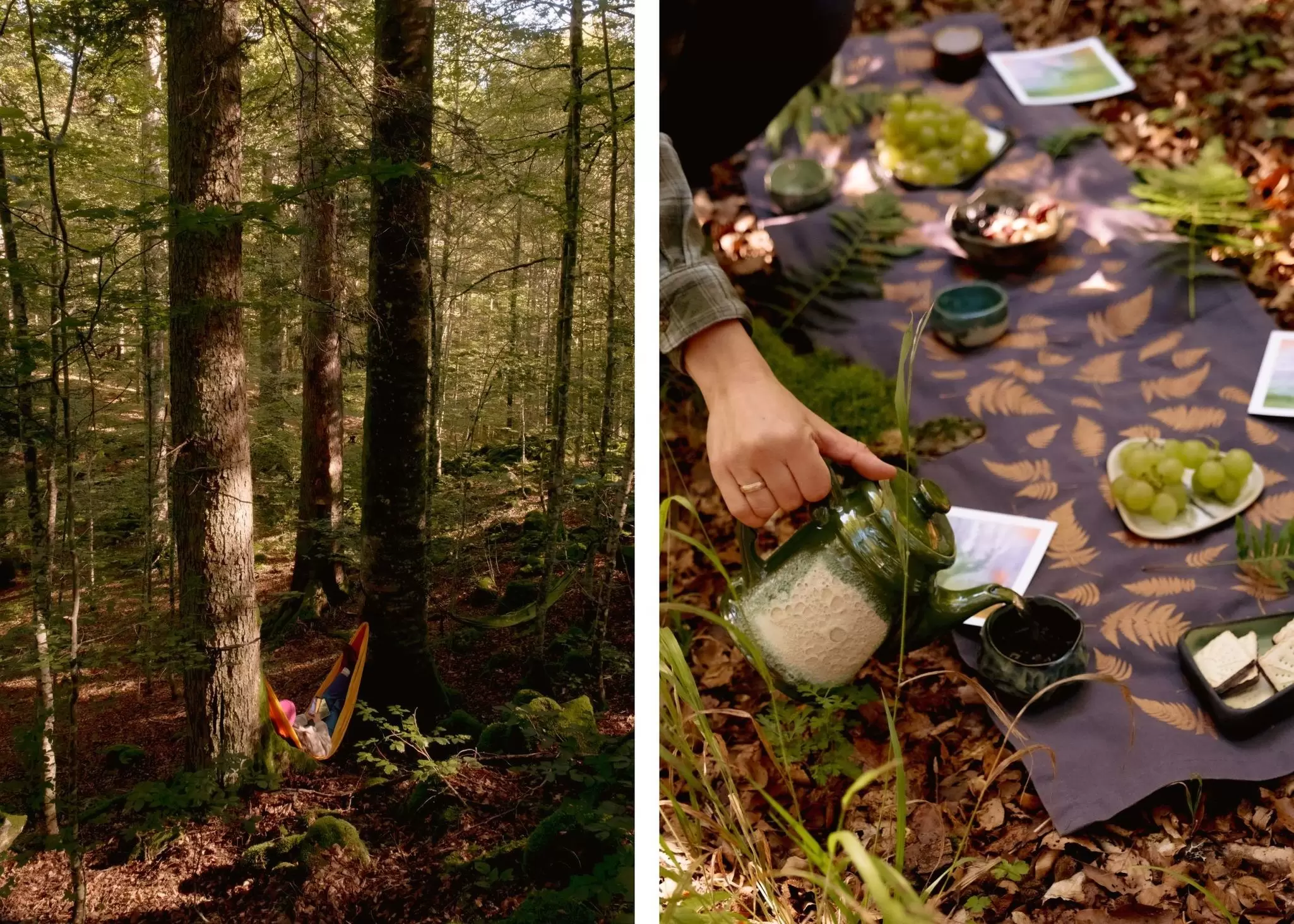 USE THIS FOR DYPTICHS - 1
**For Slovenia partnerships article
Left: Hammocking during a forest detox. Right: Enjoying tea during the detox. Martin Pauer for Lonely Planet