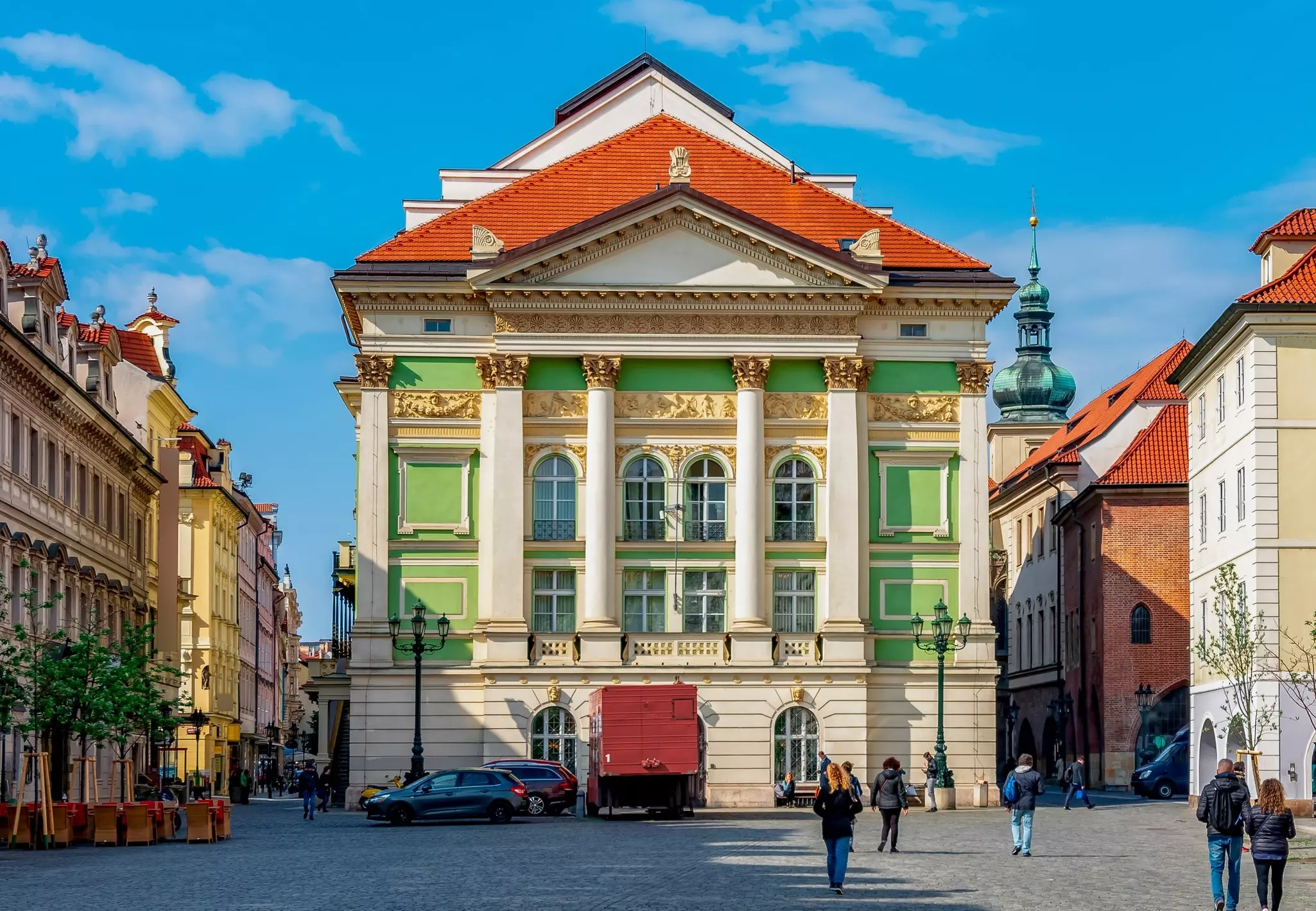 The historic frontage of the Estates Theatre in Prague's old town, Czechia.