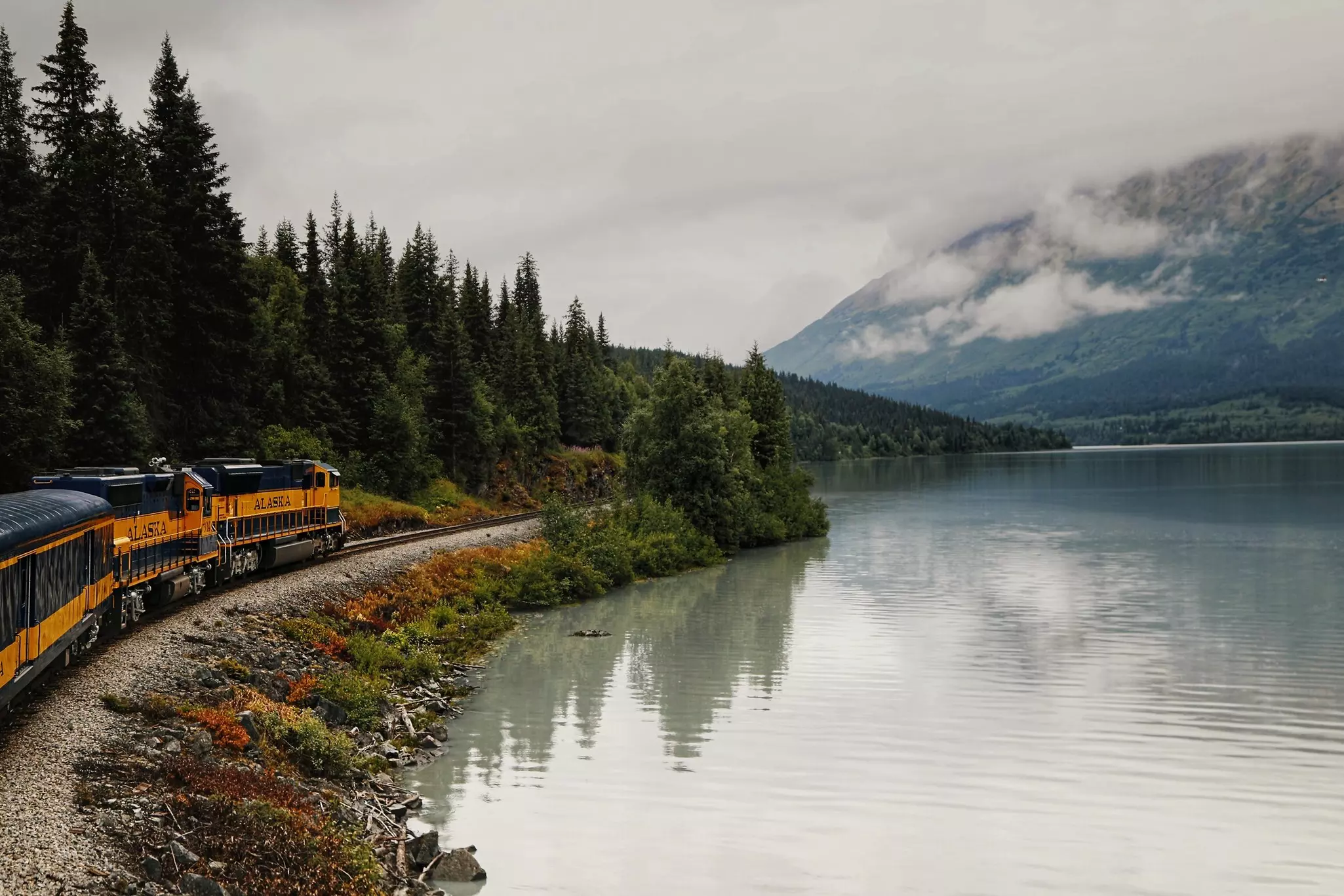 Alaska Railroad heading to Denali. Alaska Railroad train from Talkeetna to Denali in an autumn landscape